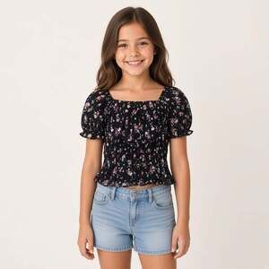 Art Class Black Ditsy Floral Smocked Crop Top Puff Sleeve Ruffle Hem Size M 8